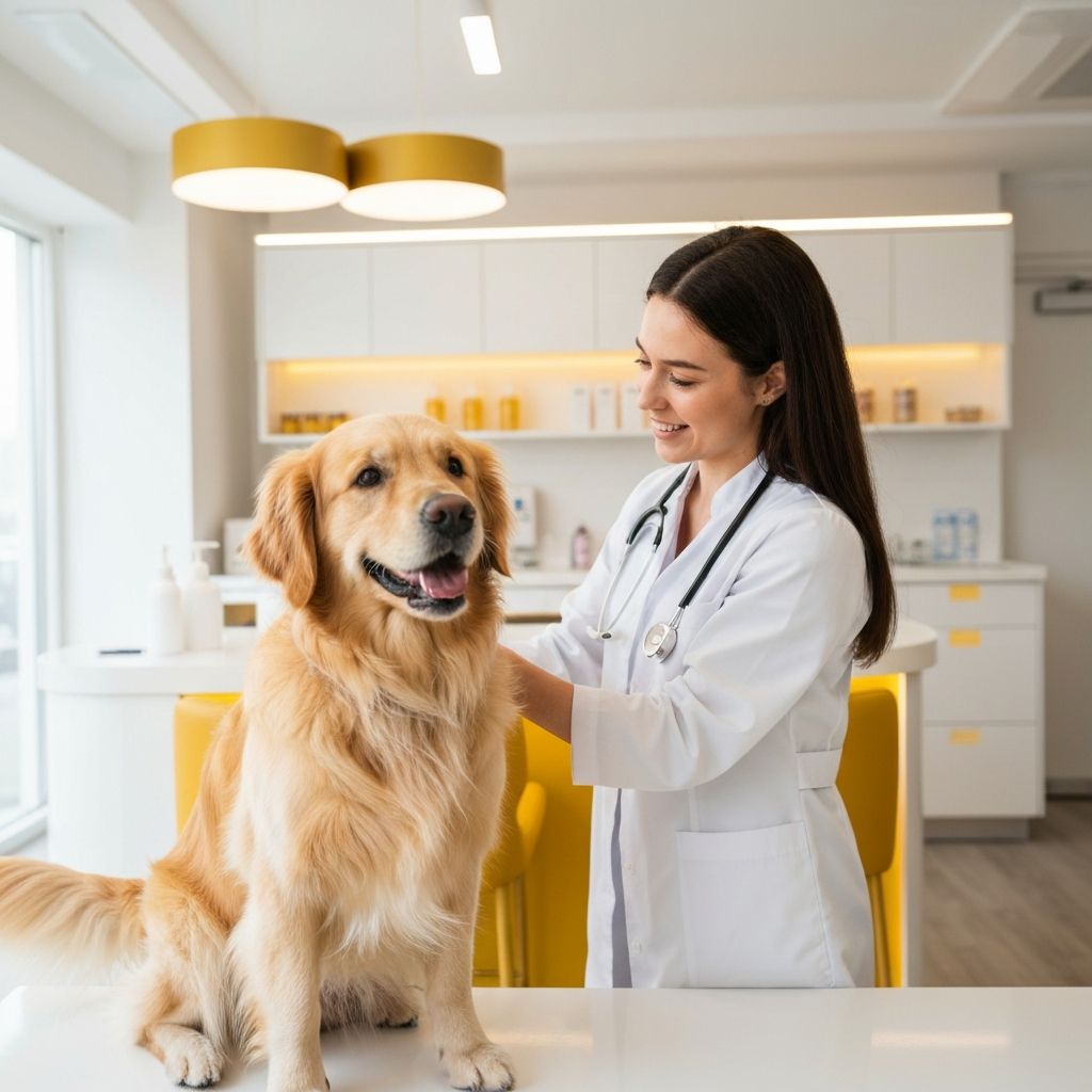 Zdrowy pies z weterynarzem w profesjonalnej klinice weterynaryjnej